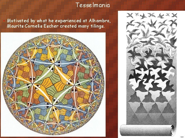 Tesselmania • Motivated by what he experienced at Alhambra, Maurits Cornelis Escher created many