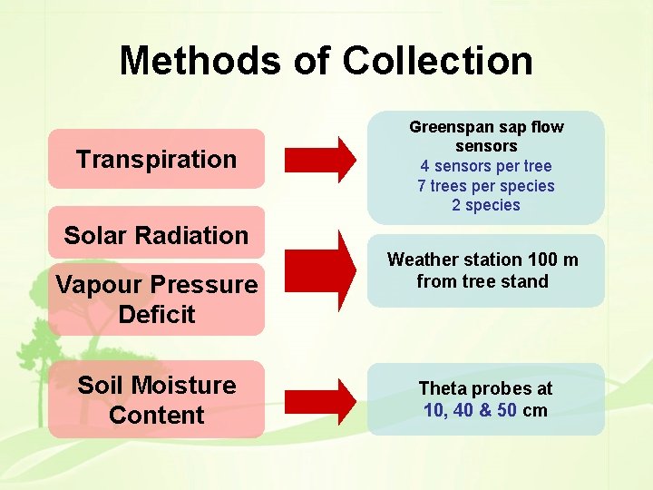 Methods of Collection Transpiration Solar Radiation Vapour Pressure Deficit Soil Moisture Content Greenspan sap