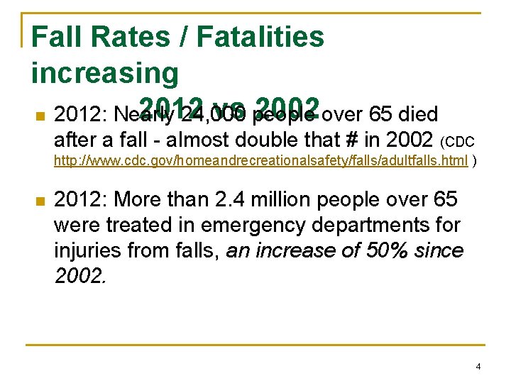 Fall Rates / Fatalities increasing 2012 vs people 2002 over 65 died n 2012: