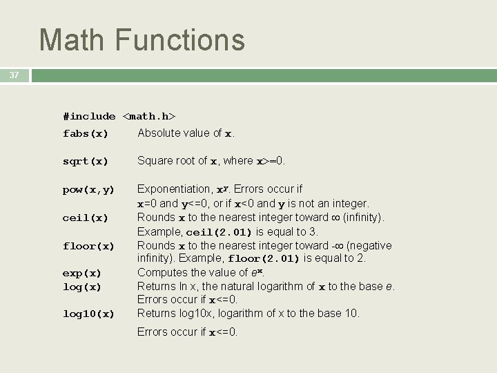 Math Functions 37 #include <math. h> fabs(x) Absolute value of x. sqrt(x) Square root