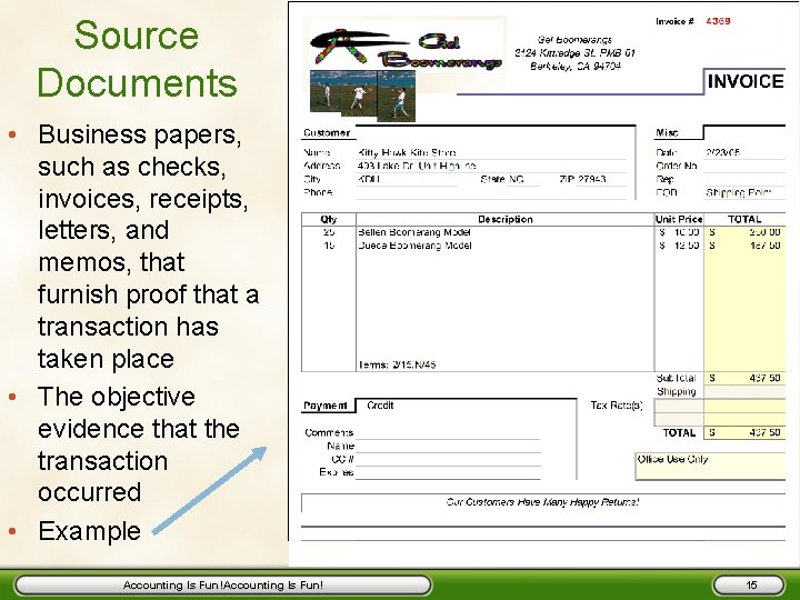 Source Documents • Business papers, such as checks, invoices, receipts, letters, and memos, that