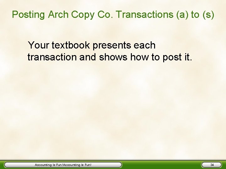 Posting Arch Copy Co. Transactions (a) to (s) Your textbook presents each transaction and