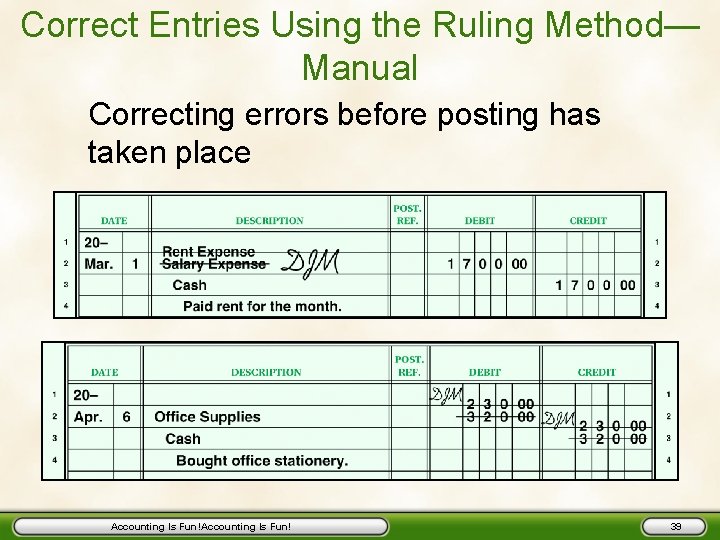 Correct Entries Using the Ruling Method— Manual Correcting errors before posting has taken place