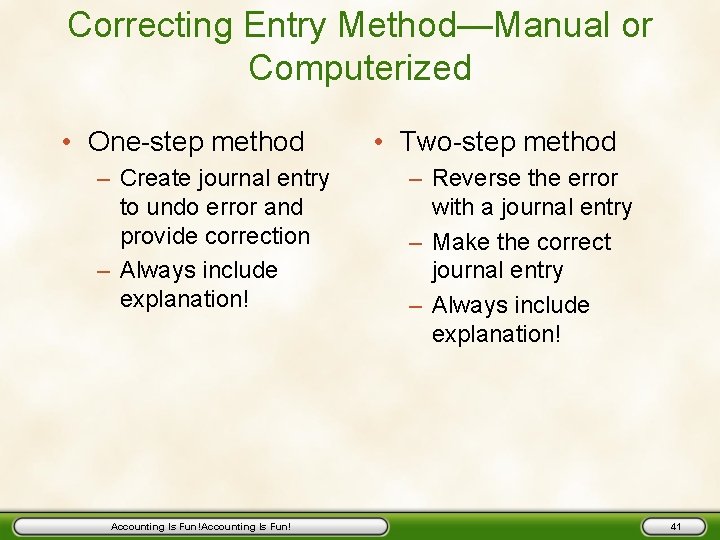 Correcting Entry Method—Manual or Computerized • One-step method – Create journal entry to undo