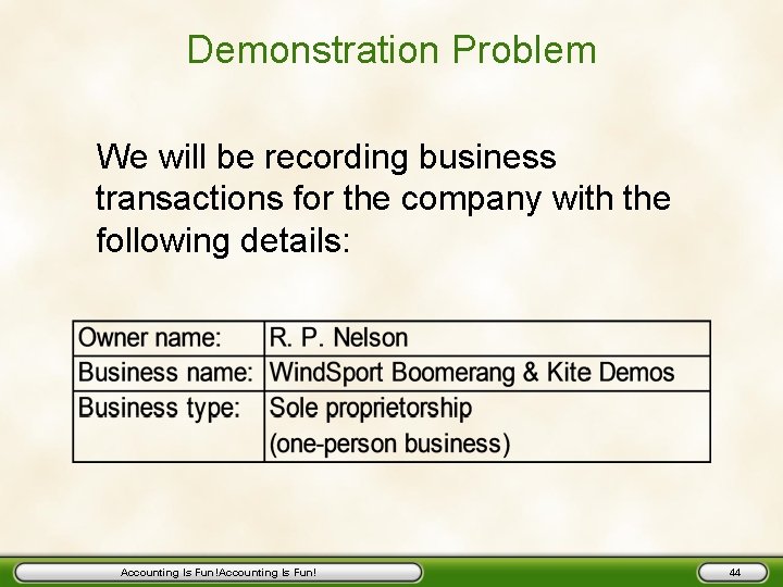 Demonstration Problem We will be recording business transactions for the company with the following