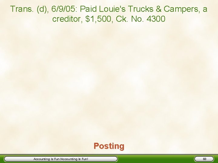Trans. (d), 6/9/05: Paid Louie's Trucks & Campers, a creditor, $1, 500, Ck. No.