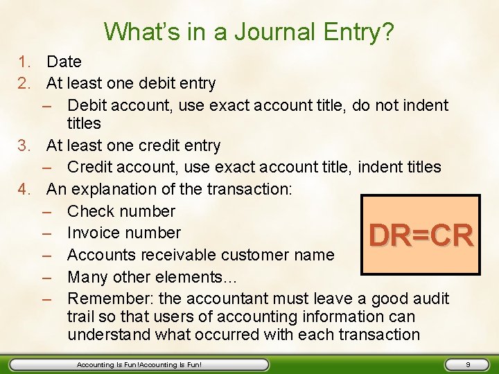 What’s in a Journal Entry? 1. Date 2. At least one debit entry –