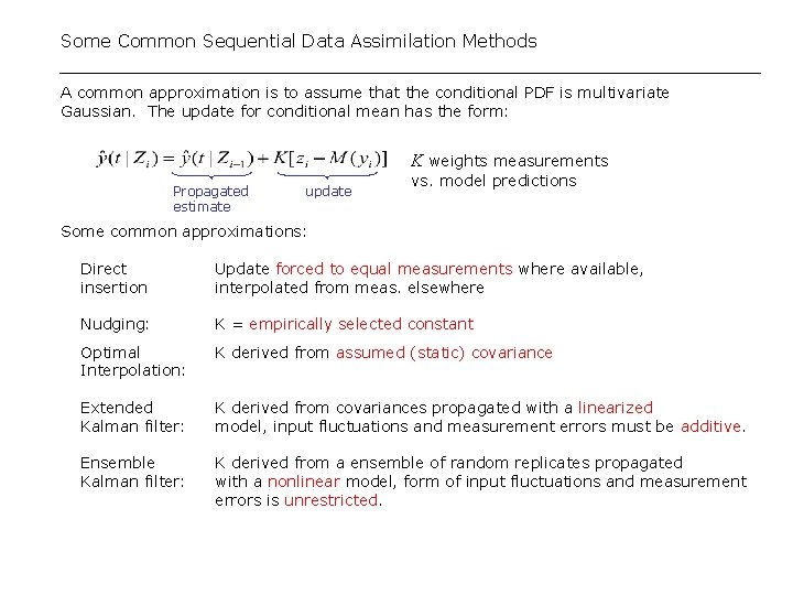 Some Common Sequential Data Assimilation Methods A common approximation is to assume that the