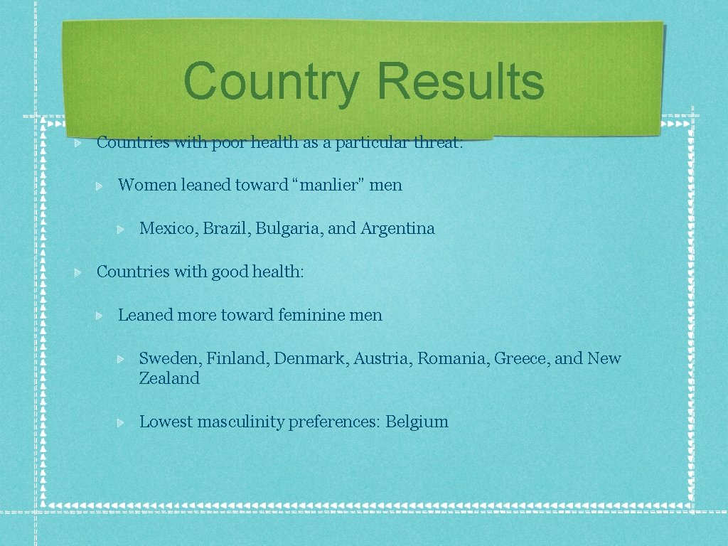 Country Results Countries with poor health as a particular threat: Women leaned toward “manlier”