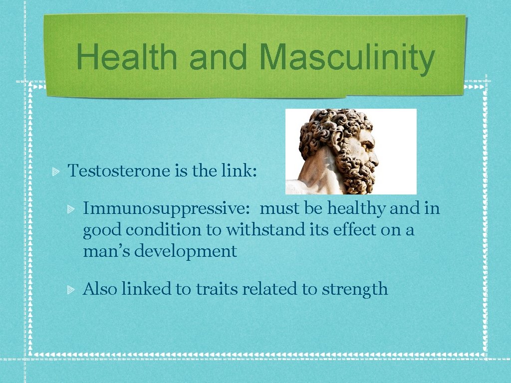 Health and Masculinity Testosterone is the link: Immunosuppressive: must be healthy and in good