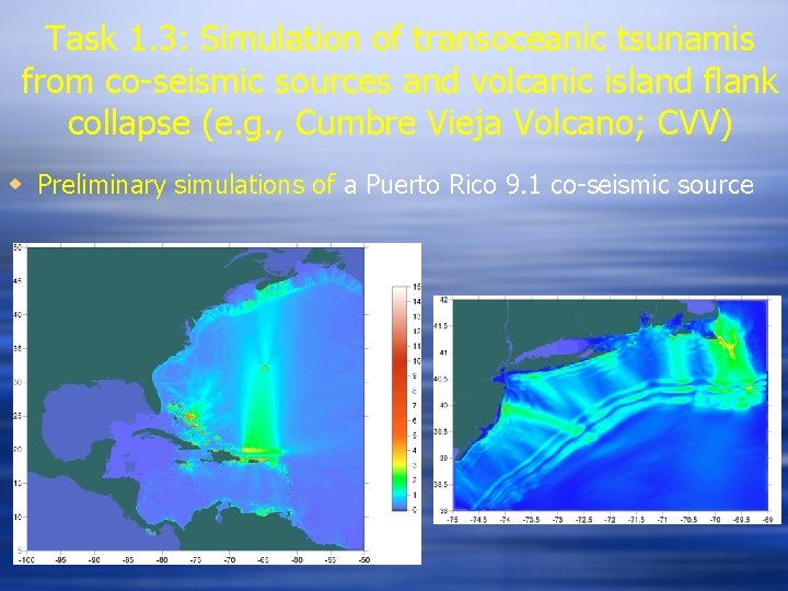 Task 1. 3: Simulation of transoceanic tsunamis from co-seismic sources and volcanic island flank