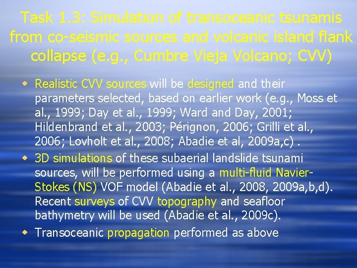 Task 1. 3: Simulation of transoceanic tsunamis from co-seismic sources and volcanic island flank