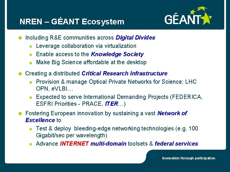 NREN – GÉANT Ecosystem Including R&E communities across Digital Divides Leverage collaboration via virtualization