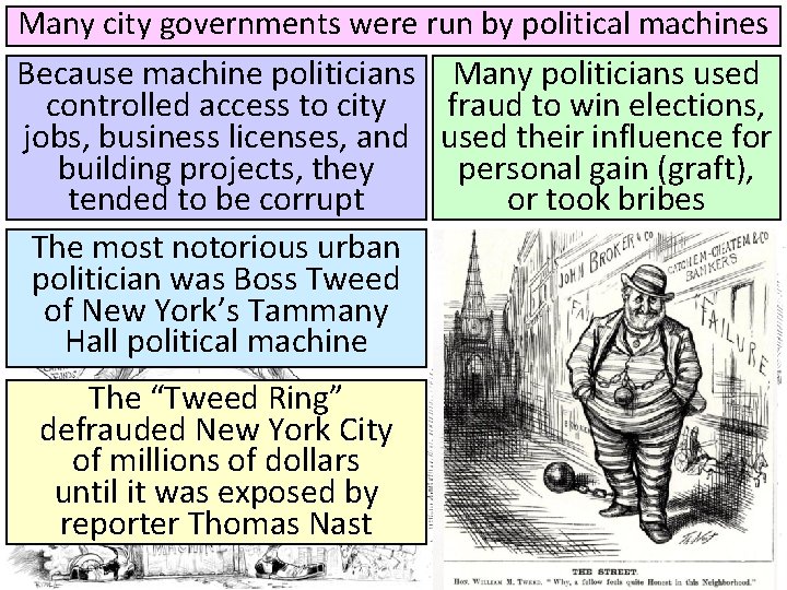 Many city governments were run by political machines Because machine politicians Many politicians used