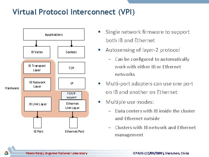 Virtual Protocol Interconnect (VPI) § Single network firmware to support both IB and Ethernet