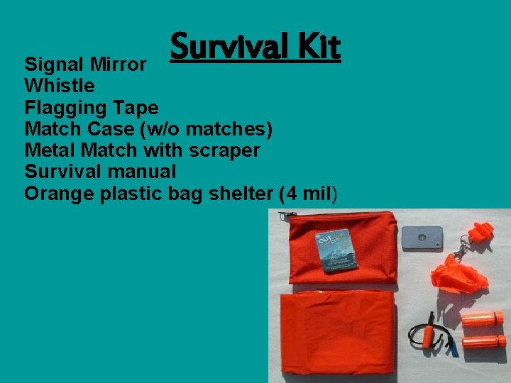 Survival Kit Signal Mirror Whistle Flagging Tape Match Case (w/o matches) Metal Match with