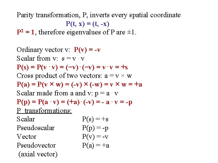 Parity transformation, P, inverts every spatial coordinate P(t, x) = (t, -x) P 2