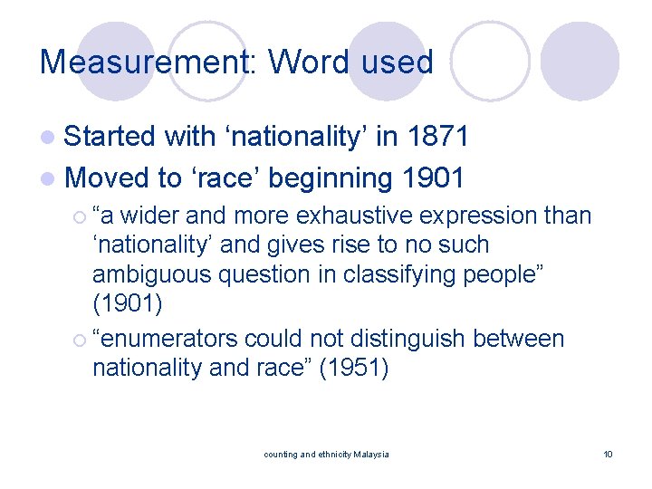 Measurement: Word used l Started with ‘nationality’ in 1871 l Moved to ‘race’ beginning