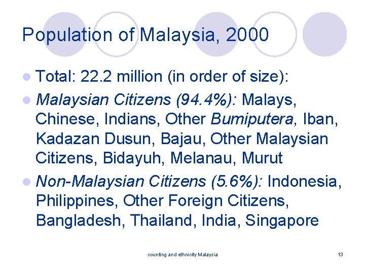 Population of Malaysia, 2000 l Total: 22. 2 million (in order of size): l