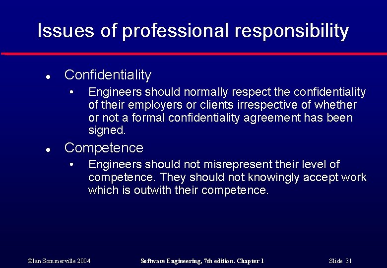 Issues of professional responsibility l Confidentiality • l Engineers should normally respect the confidentiality