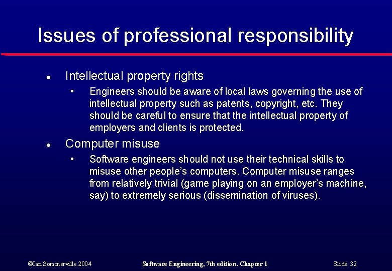 Issues of professional responsibility l Intellectual property rights • l Engineers should be aware