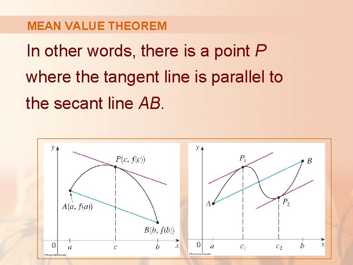 MEAN VALUE THEOREM In other words, there is a point P where the tangent