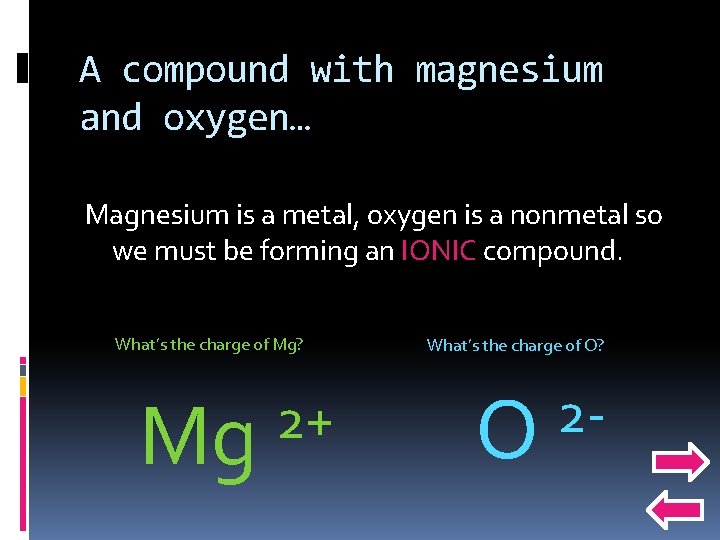 A compound with magnesium and oxygen… Magnesium is a metal, oxygen is a nonmetal
