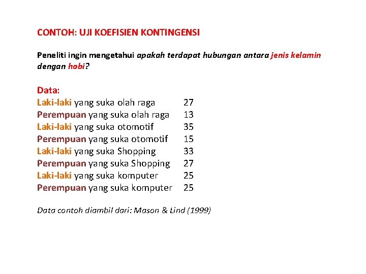 CONTOH: UJI KOEFISIEN KONTINGENSI Peneliti ingin mengetahui apakah terdapat hubungan antara jenis kelamin dengan