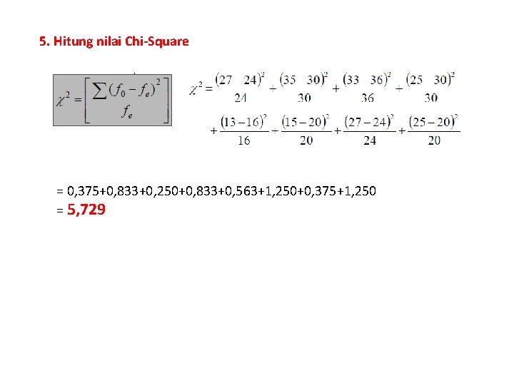 5. Hitung nilai Chi‐Square = 0, 375+0, 833+0, 250+0, 833+0, 563+1, 250+0, 375+1, 250