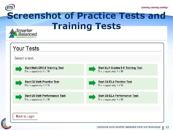 Screenshot of Practice Tests and Training Tests California 2014 Smarter Balanced Field Test Workshop