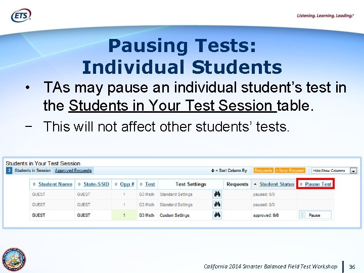 Pausing Tests: Individual Students • TAs may pause an individual student’s test in the