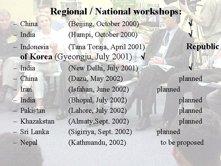 Regional / National workshops: – China – India – Indonesia – – – –