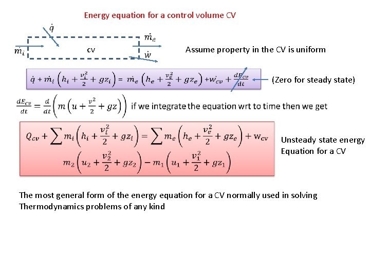 Energy equation for a control volume CV cv Assume property in the CV is