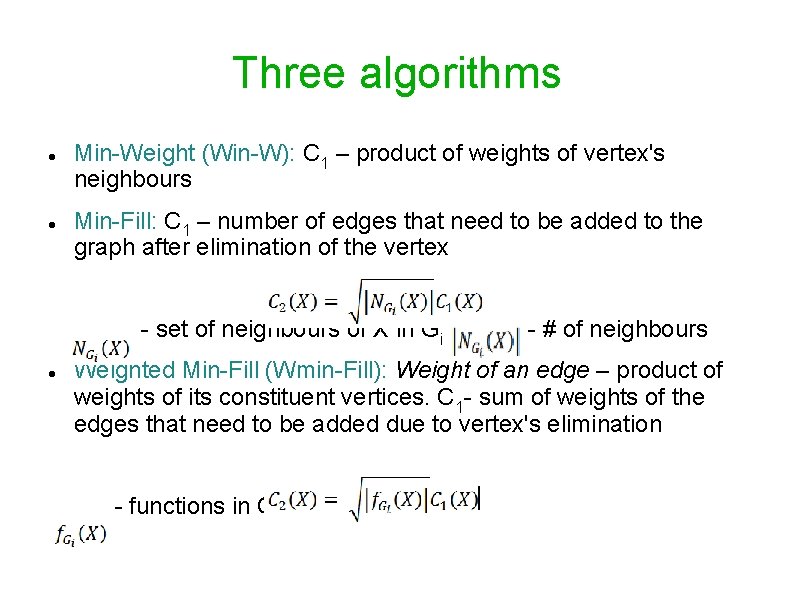 Three algorithms Min-Weight (Win-W): C 1 – product of weights of vertex's neighbours Min-Fill: