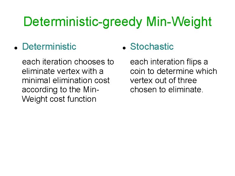 Deterministic-greedy Min-Weight Deterministic each iteration chooses to eliminate vertex with a minimal elimination cost