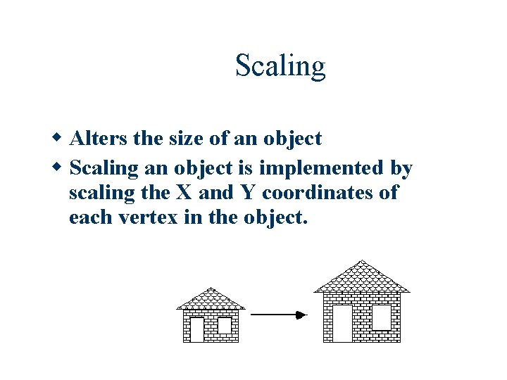 Scaling Alters the size of an object Scaling an object is implemented by scaling