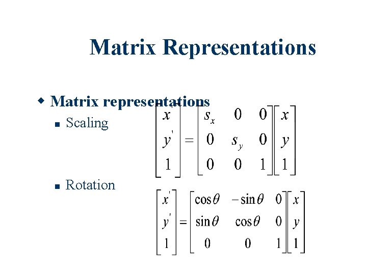 Matrix Representations Matrix representations Scaling Rotation 