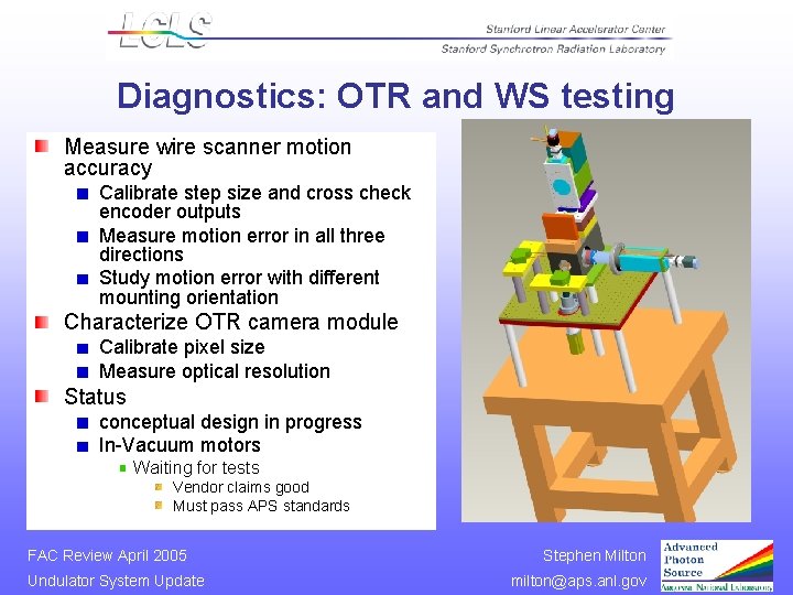 Diagnostics: OTR and WS testing Measure wire scanner motion accuracy Calibrate step size and