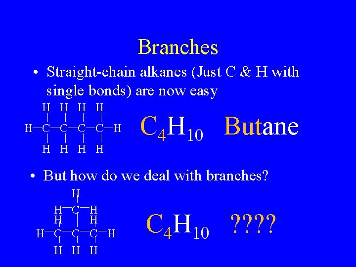 Branches • Straight-chain alkanes (Just C & H with single bonds) are now easy