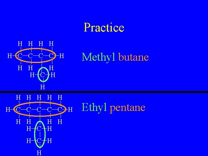 Practice H H H C C H Methyl butane H H C H H