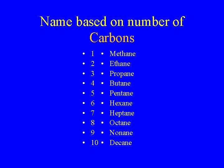 Name based on number of Carbons • • • 1 2 3 4 5
