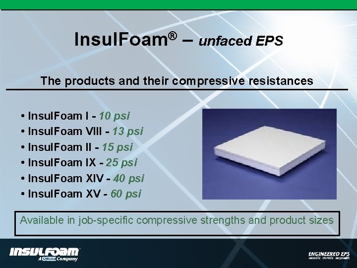 Insul. Foam® – unfaced EPS The products and their compressive resistances • Insul. Foam
