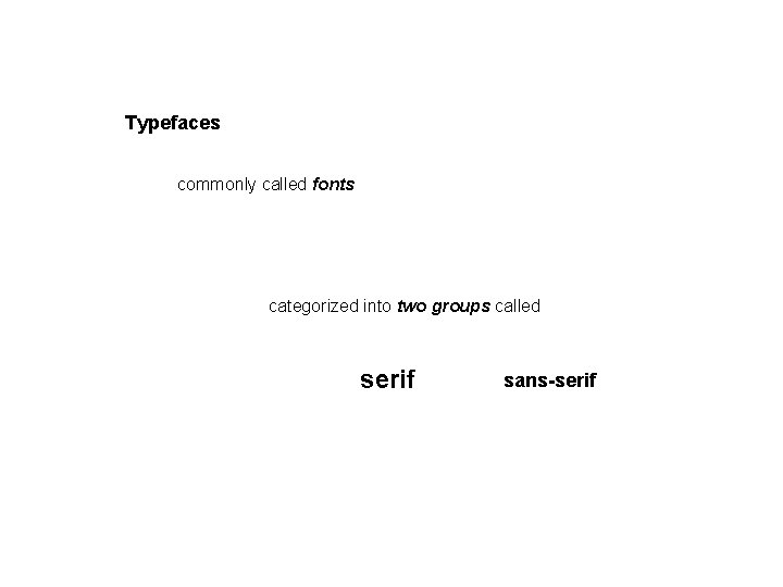 Typefaces commonly called fonts categorized into two groups called serif sans-serif Typefaces commonly called fonts categorized into two groups called serif sans-serif