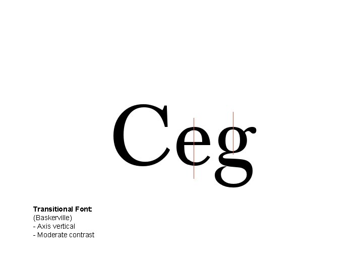 Transitional Font: (Baskerville) - Axis vertical - Moderate contrast Transitional Font: (Baskerville) - Axis vertical - Moderate contrast