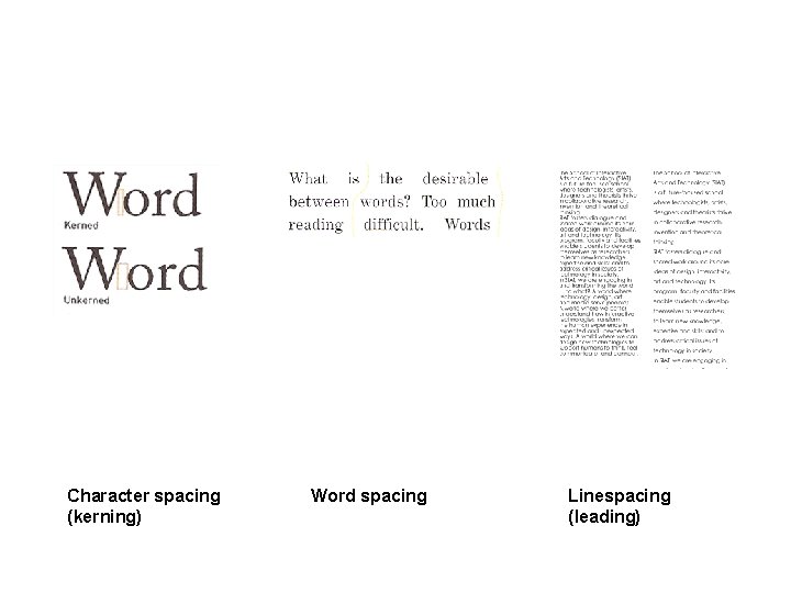 Character spacing (kerning) Word spacing Linespacing (leading) Character spacing (kerning) Word spacing Linespacing (leading)