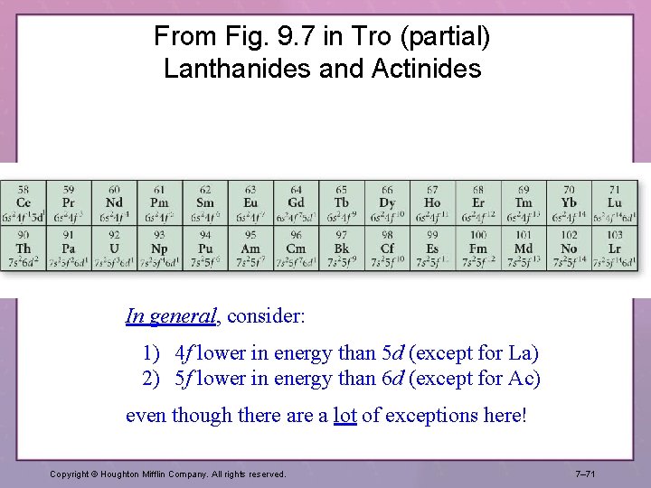From Fig. 9. 7 in Tro (partial) Lanthanides and Actinides In general, consider: 1) From Fig. 9. 7 in Tro (partial) Lanthanides and Actinides In general, consider: 1)
