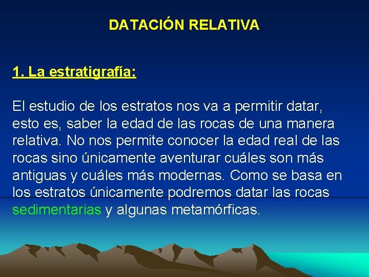 DATACIÓN RELATIVA 1. La estratigrafía: El estudio de los estratos nos va a permitir DATACIÓN RELATIVA 1. La estratigrafía: El estudio de los estratos nos va a permitir
