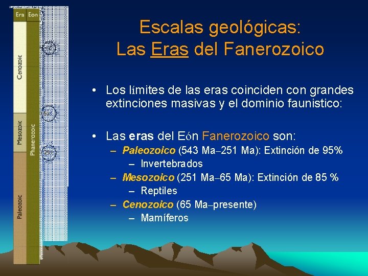 Escalas geológicas: Las Eras del Fanerozoico • Los límites de las eras coinciden con Escalas geológicas: Las Eras del Fanerozoico • Los límites de las eras coinciden con
