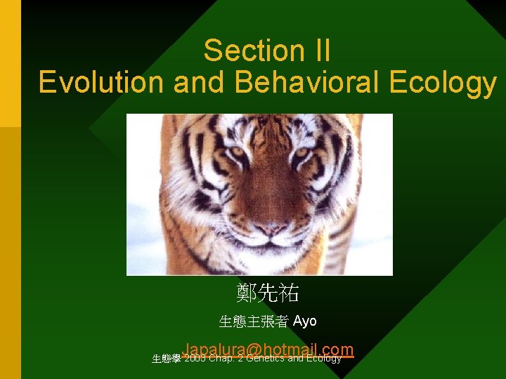 Section II Evolution and Behavioral Ecology 鄭先祐 生態主張者 Ayo Japalura@hotmail. com 生態學 2003 Chap.