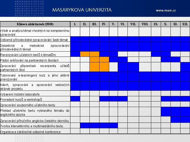 Příklad KDY: Ganttův graf Klíčová aktivita/rok (2010) I. III. IV. Výběr a analýza témat